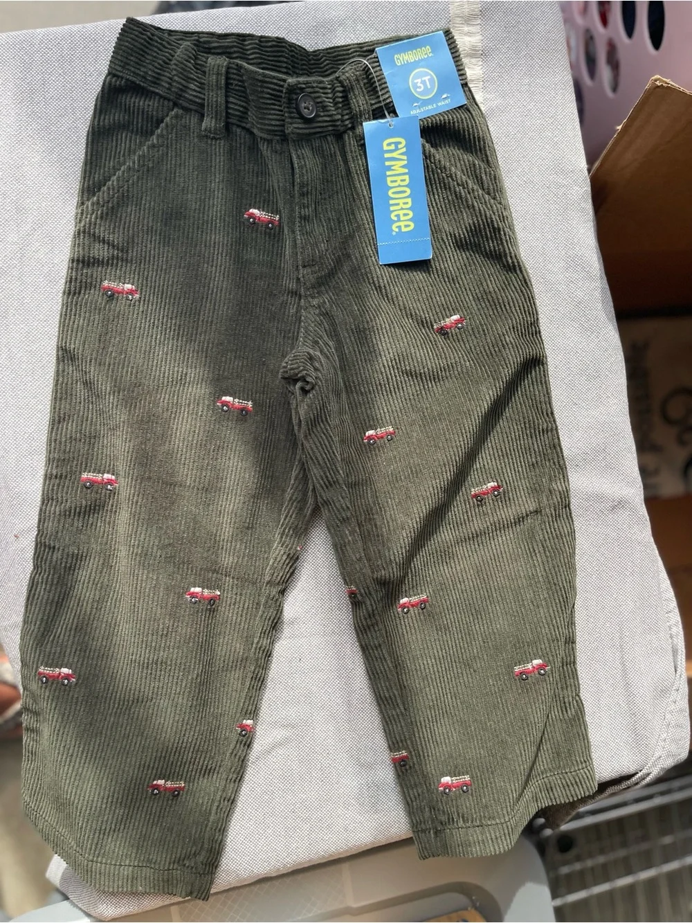 Gymboree Olive Green Corduroy Pants with Red Truck Embroidery - 3T